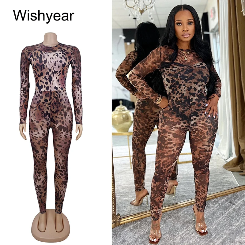 

Wishyear Leopard Print Skinny Jumpsuit Woman Autumn O-Neck Full Sleeve Night Club Hot Girls Midnight Sexy One Pieces Overalls