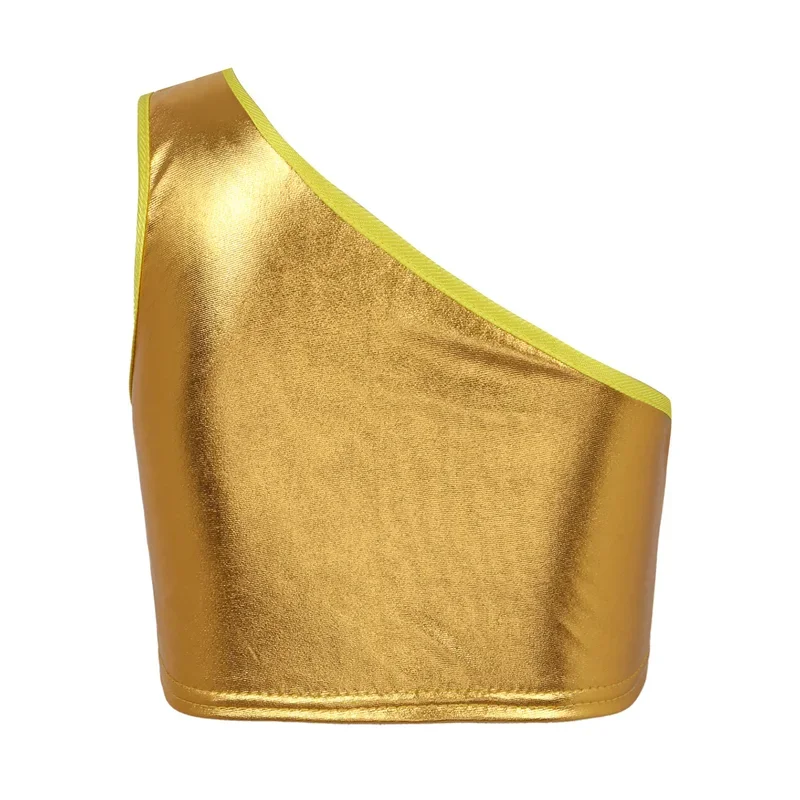 Kids Boys Girls Dance Crop Tops Shiny Metallic One Shoulder Tank Top Modern Jazz Hip-hop Dance Costumes Street Dancewear*.1