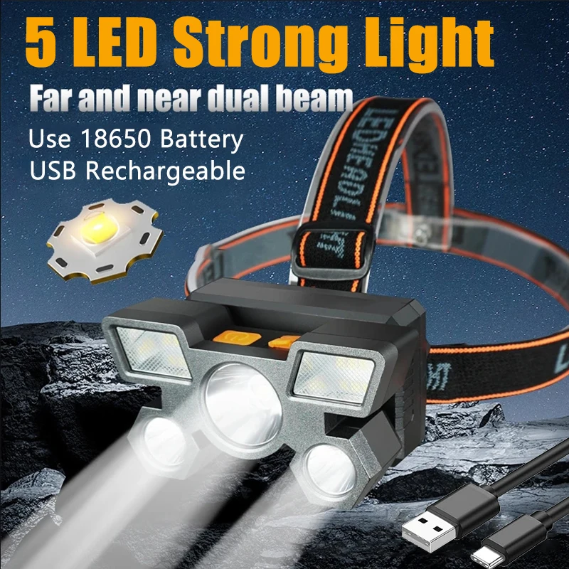 

New 5LED Headlamp Portable USB Rechargeable Headlight Built in 18650 Battery Torch Working Light Fishing Camping Head Lantern