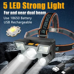 Linterna frontal portátil recargable por USB, luz de trabajo con batería integrada de 18650, 5LED, para pesca, Camping, novedad