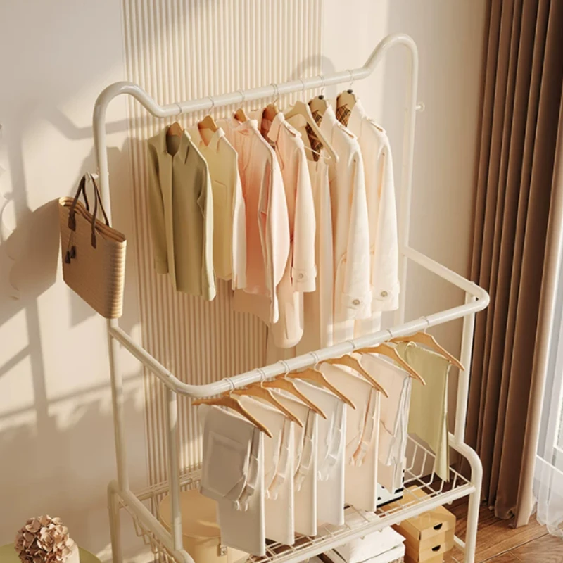 With Wheels Garment Rack Mobile Double Rod Clothes Hanger Stand With Storage Basket Side Hooks Clothing Organizer For Bedroom