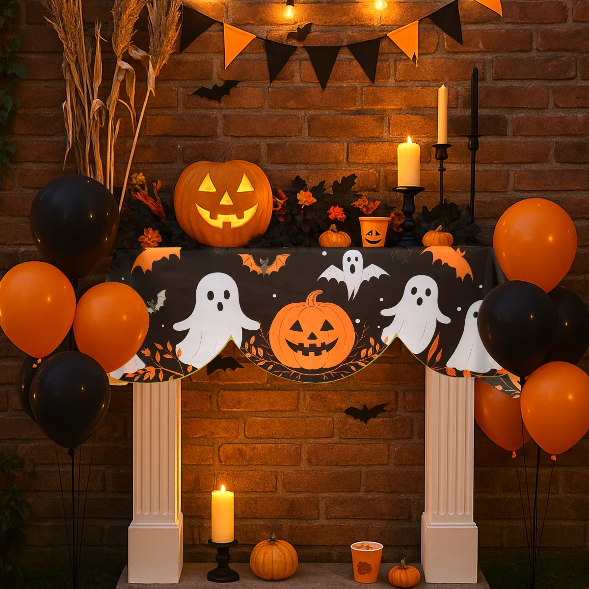Halloween-Kaminsims für den Innenbereich, Schal, Schwarz und Orange, Kürbis, Fledermaus, Kaminabdeckung für Halloween, Party, Dekoration, festliche Lieferungen