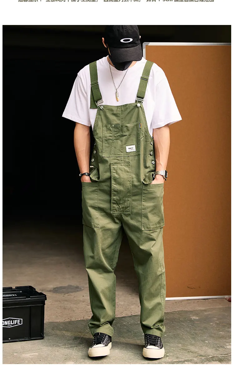 레트로 아메리칸 코튼 오버올 빕 루즈핏 패션 점프수트 남성 서스펜더 사계절 풀 기장 배기 카고 팬츠 스트릿웨어