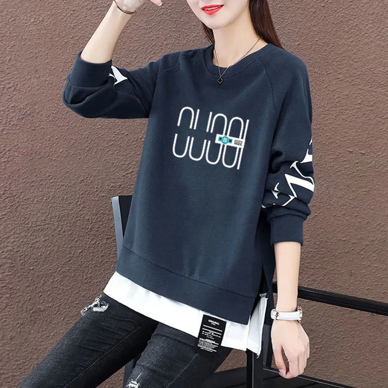 

Корейский женский свитшот оверсайз с круглым вырезом и флисовой подкладкой, имитация двухслойности, стройнящий, модный, средней длины, для повседневной носки