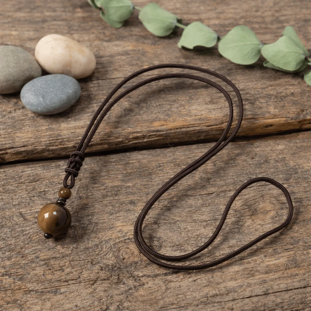 Bohemian Adjustable Crystal Pendant Necklace Braided Rope Beaded Adjustable Necklace Stone Retro Tiger's Eye Necklace Gifts