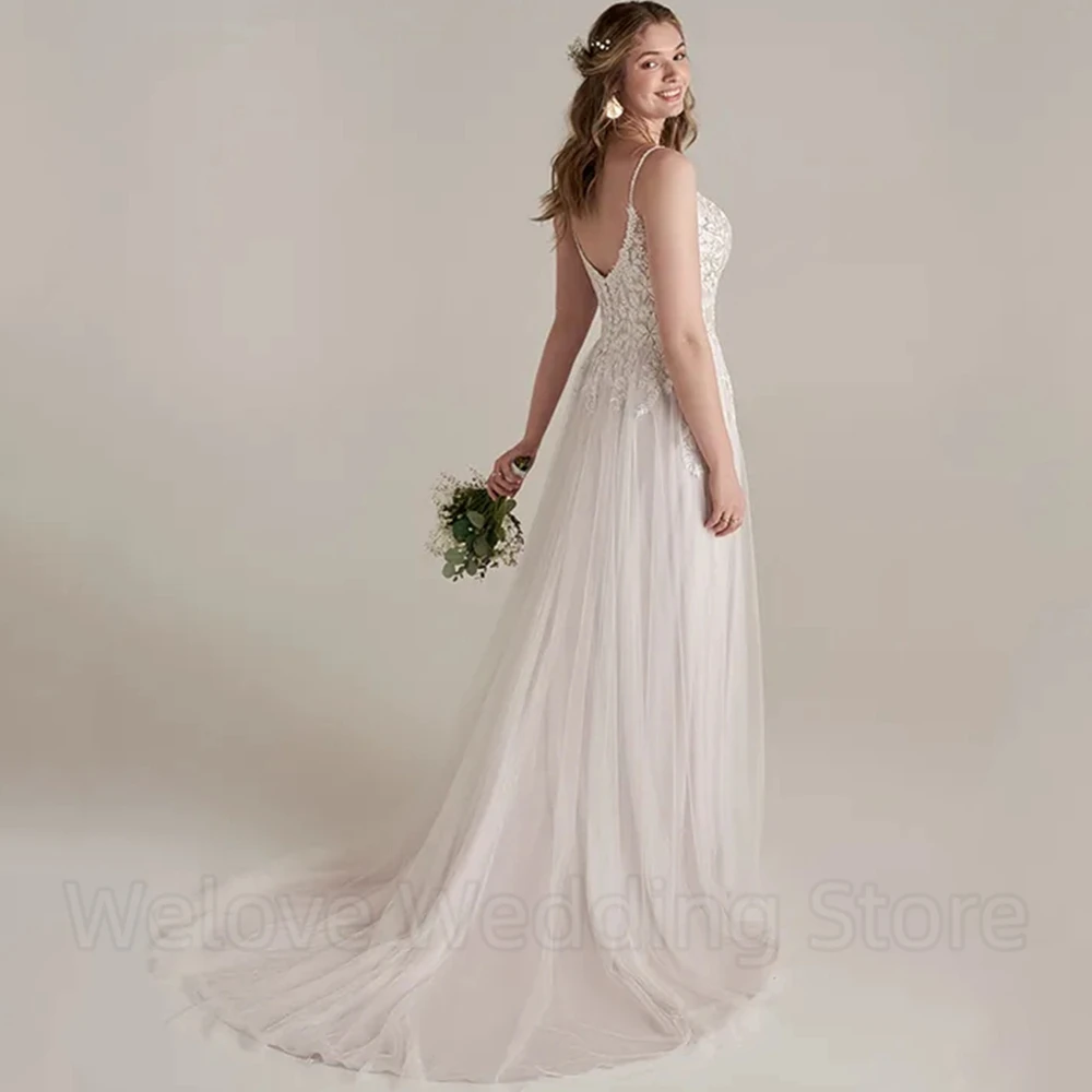 Classic A-Line Applique Tulle Wedding Dress Spaghetti Straps V-Neck Sleeveless Sexy Open Back Bridal Floor Length Marriage Gowns