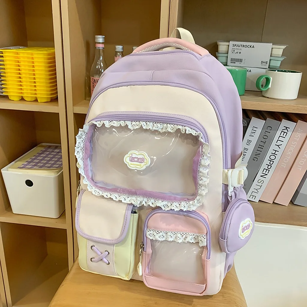 Cute Color Block Lace Trim School Backpack for Teen Girls Waterproof Multi-compartment Bookbag for Middle High School Students