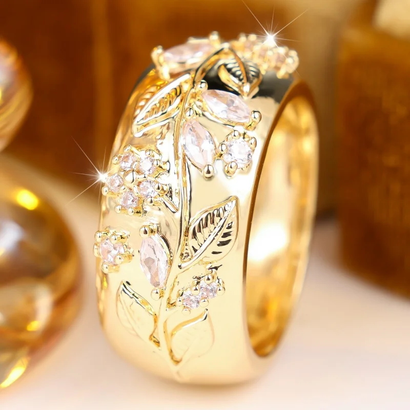 2026 Retro Flower Leaf Set Zircon Wide Ring, Light Luxury Countryside Style, Three-dimensional Carved Leaves with Accessories