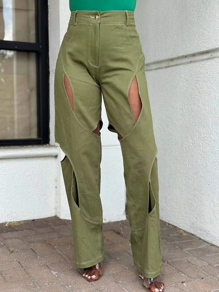 

Leosoxs Contrast Color Patchwork Wide Leg Trousers for Women High Waist Button Zipper Closure Hollow Out Straight Leg Pants