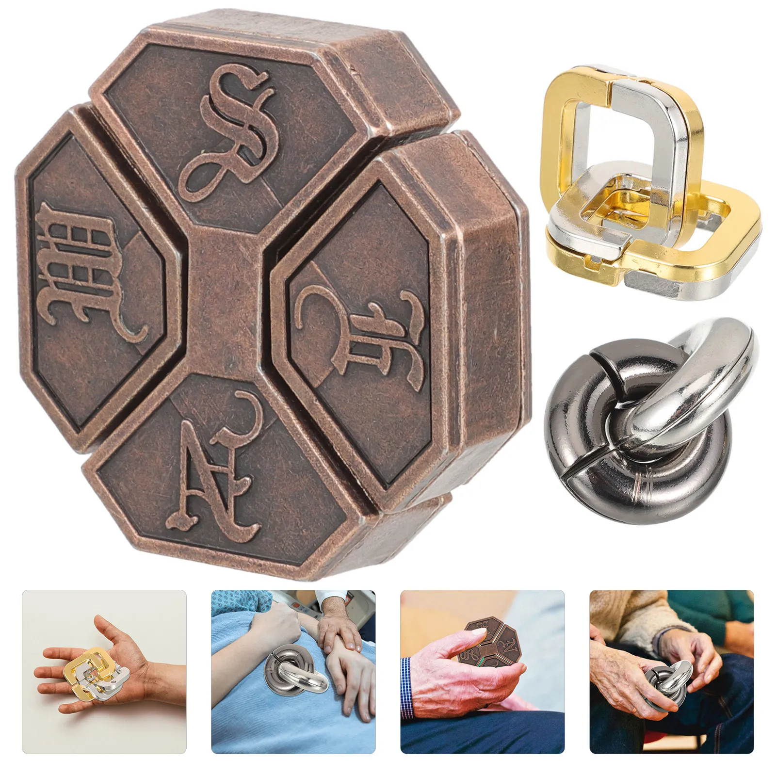 

3Pcs Sturdy Wear Resistant Alloy Kongming Lock Puzzles Brain Teaser Games for Elderly Adults Mental Exercise Hand Eye