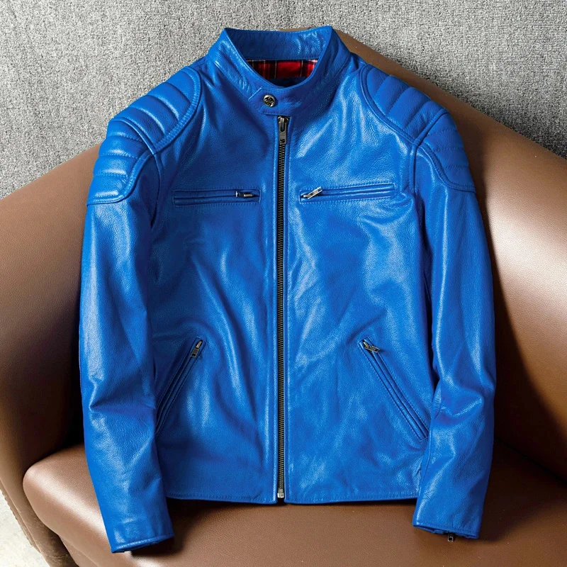 shipping.Popular Free Rider genuine leather jacket.Cool blue slim short cowhide coat.fashion young cloth.wholesales