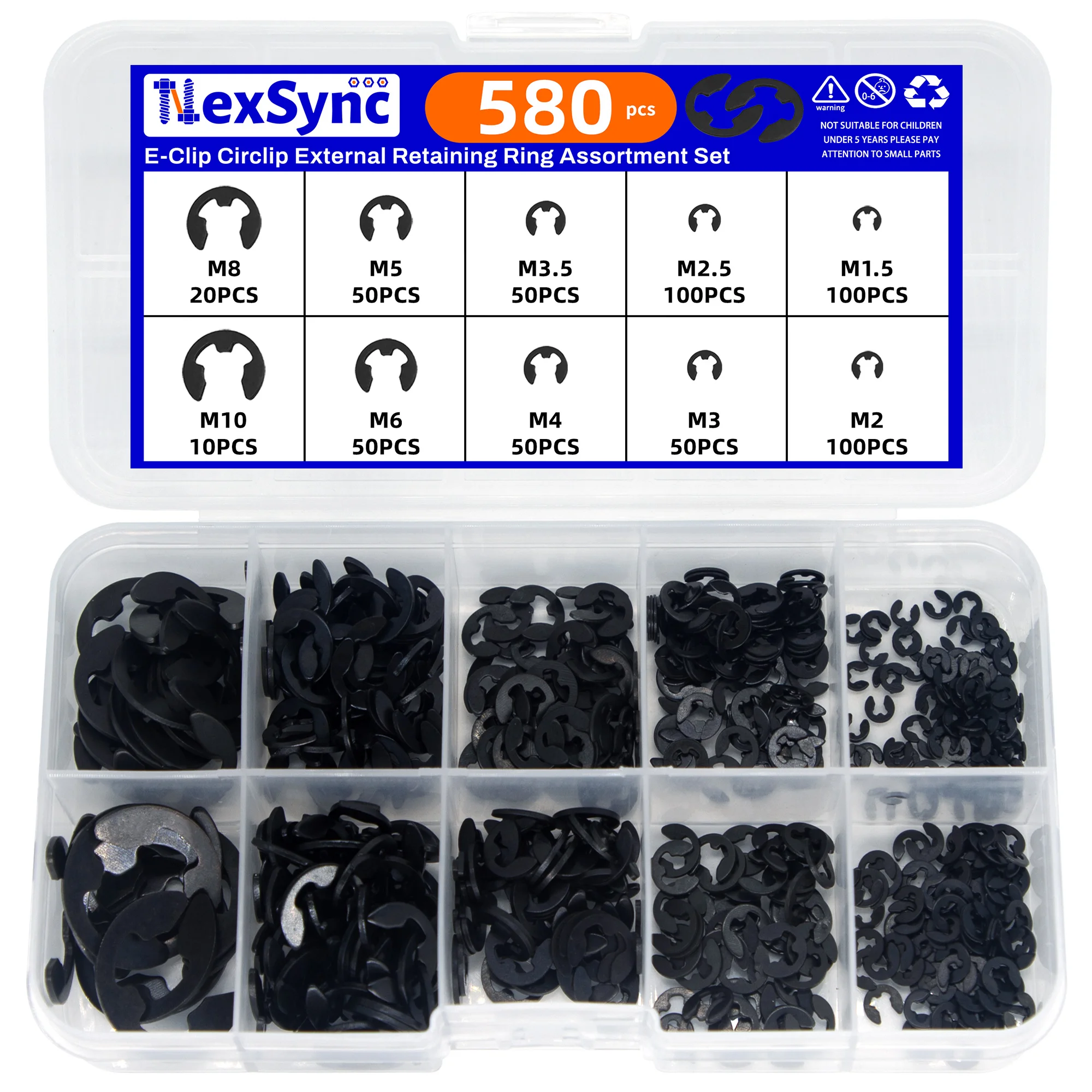 200/580szt 304 Stal nierdzewna E Clip Zewnętrzny pierścień ustalający Zestaw asortymentowy M1.5 M2 M3 M4 M5 M6 M7 M8 M9 M10 do wału
