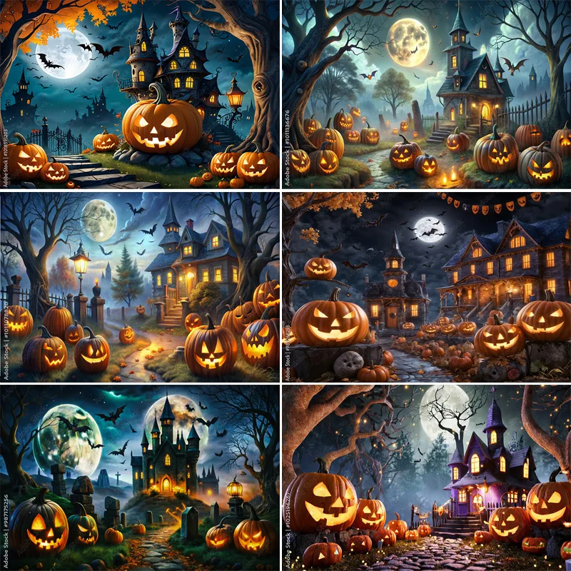 

Ghosts Jack-o'-Lantern Halloween Day Photography Backdrops Castle Graveyard Horror Pumpkins Moon Photo Studio Background KB-08