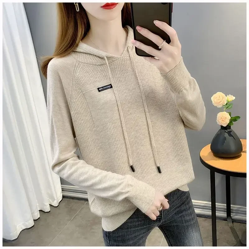 Women Korean Appliques Casual Streetwear Hooded Knitted Sweaters Female Trendy Solid Long Sleeve Loose Pullover Tops Y2K Jumpers