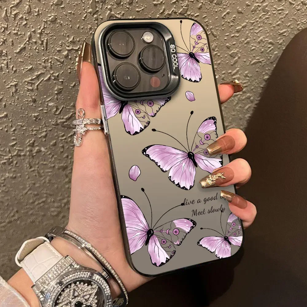 Fashion Butterfly Black Purple Color  IMD Phone Case For iPhone 15 Pro Max 15 14 13 12 11 Pro X XR XS 7 8 Plus plating Cover