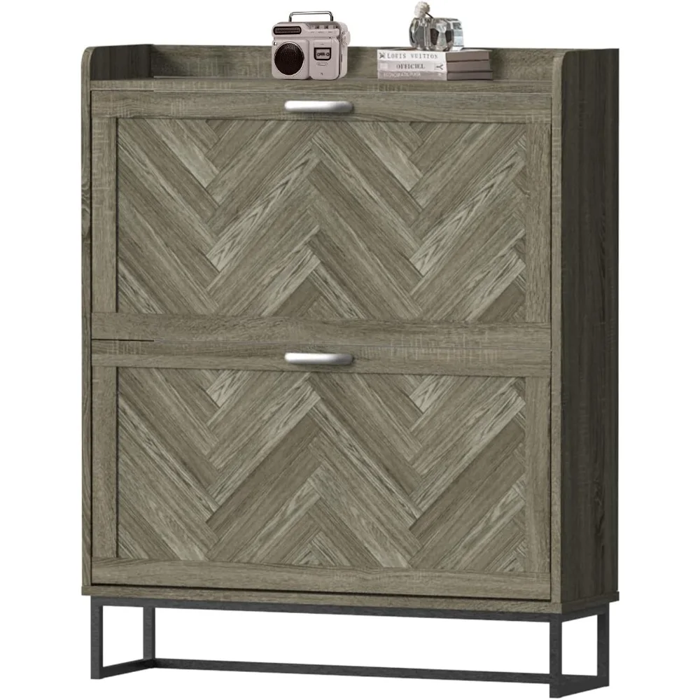 

Shoe Storage Cabinet with 2 Flip Drawers, Farmhouse Shoe Organizer for Entryway, Narrow Hidden Shoe Rack with Metal Legs, Freest