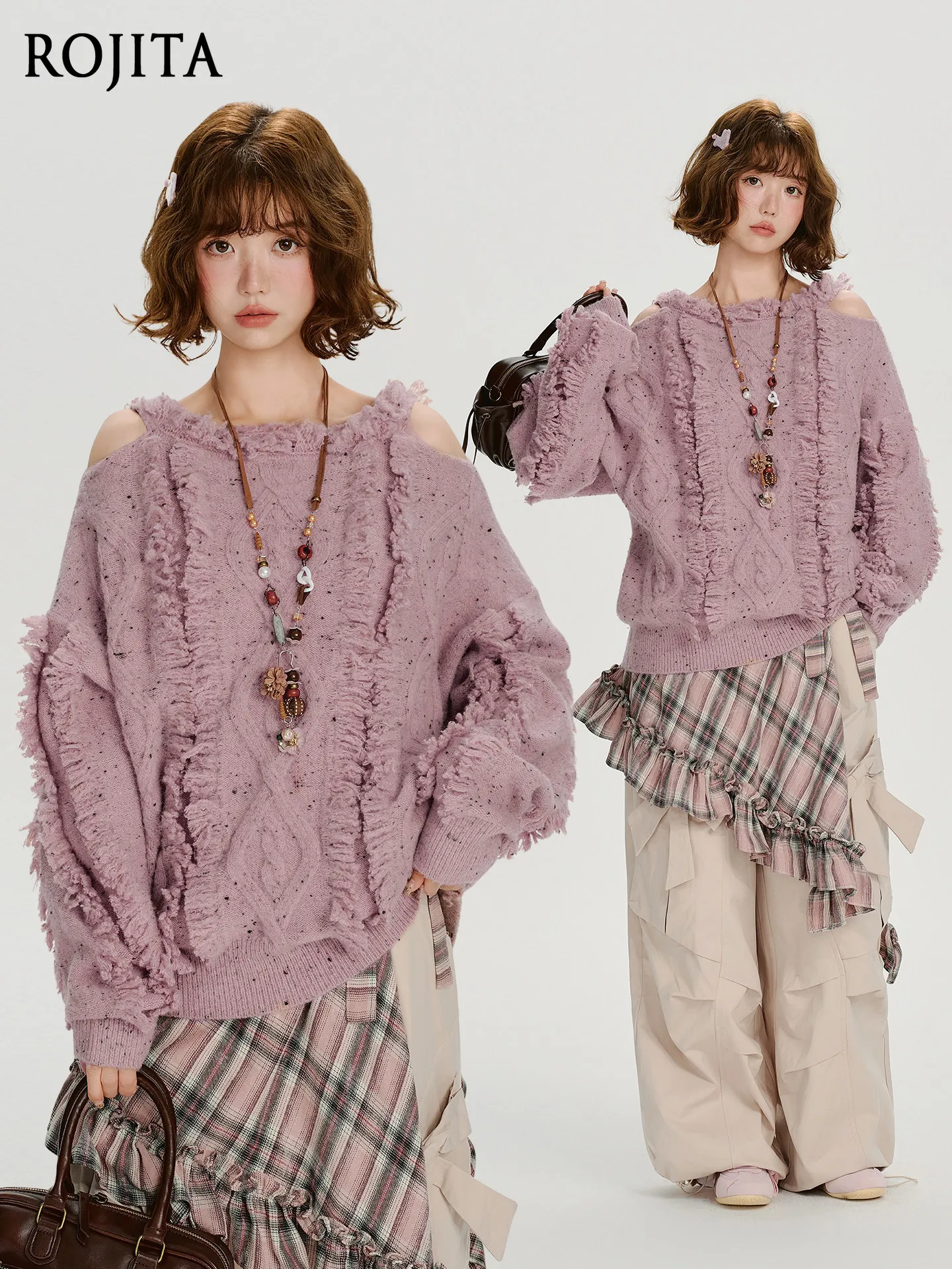 

American Retro Off-the-shoulder Fringed Design Sweater Women's Autumn and Winter New Loose Knitted Sweater Top