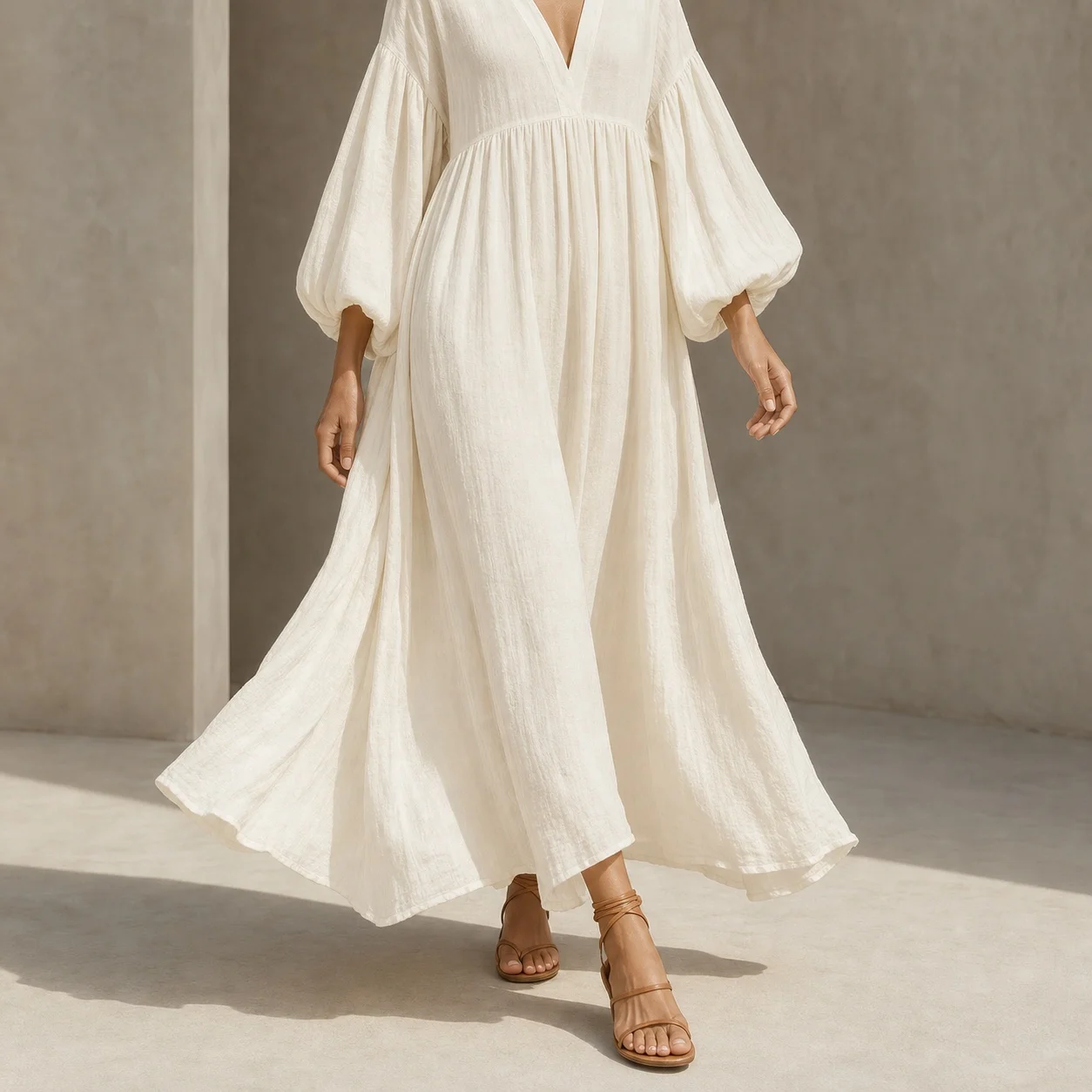 Women's Casual Summer White Maxi Dress for Women with Puff Sleeve, Deep V Neck, Loose Fit A-Line Flared Woven Elastic Waist