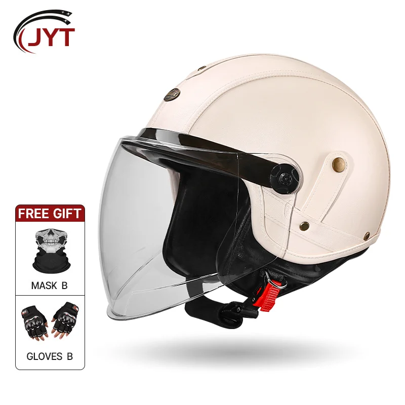 

Elegant Milky White Leather 3/4 Open Face Motorcycle Helmet with High-Quality Scratch Resistant Tough Shell DOT for Commuting