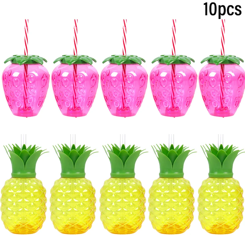 6/10pcs Pineapple Strawberry Designed Drinking Cup Fruit Juice Straw Cups Hawaiian Tropical Party Decoration Summer Aloha Party