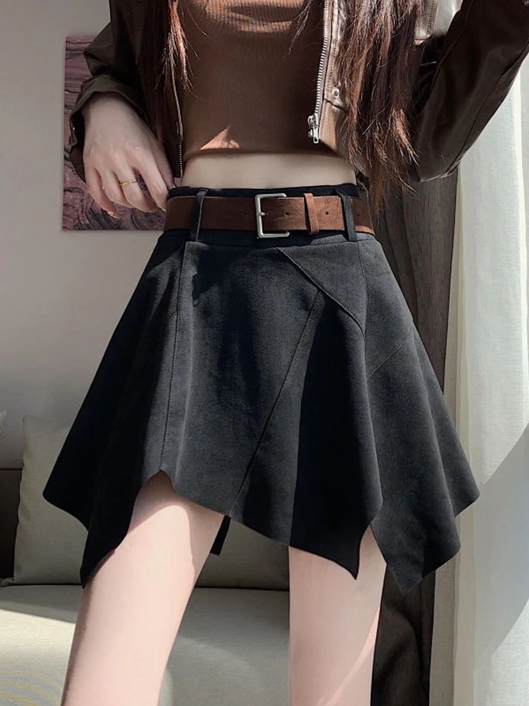 Retro Suede  Skirt High Waist Slim A-Line Asymmetrical Short Skirt for Women Comfortable Soft Polyester Fiber High Waist