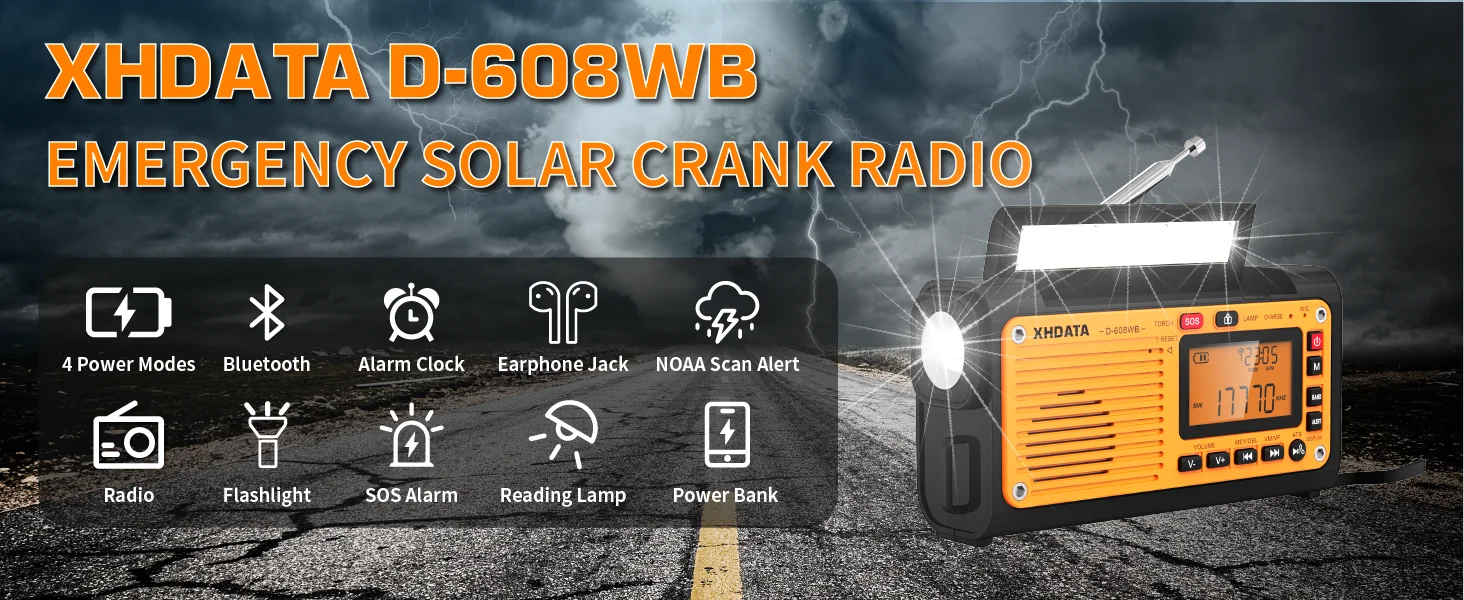XHDATA D-608WB Notfall-Wetterradio mit Kurbel, FM/AM/SW/NOAA-Alarm, tragbares Radio mit Telefonladegerät, Bluetooth, batteriebetrieben – Detail 1