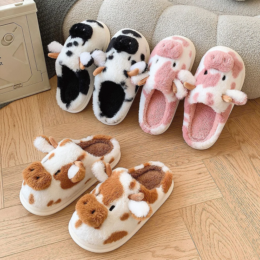 Women's Slippers Winter Warm Cute Milk Cow Slippers Closed Toe Non Slip Furry House Shoes Women Home Soft Plush Slippers