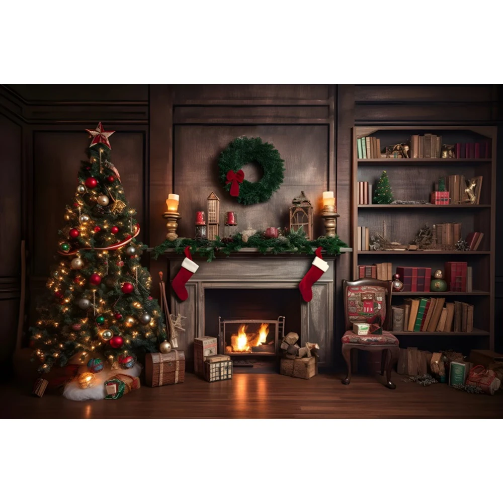 Christmas Tree Fireplace Backdrop Xmas Gifts Wreath Bell Brick Wall Kids Portrait Family Party Photography Background Room Decor