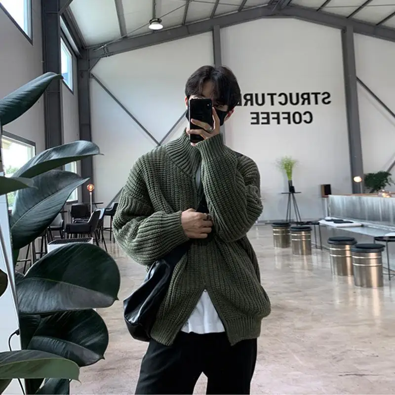 

Autumn and winter stand collar cardigan sweater jacket men's zipper loose long sleeve American retro