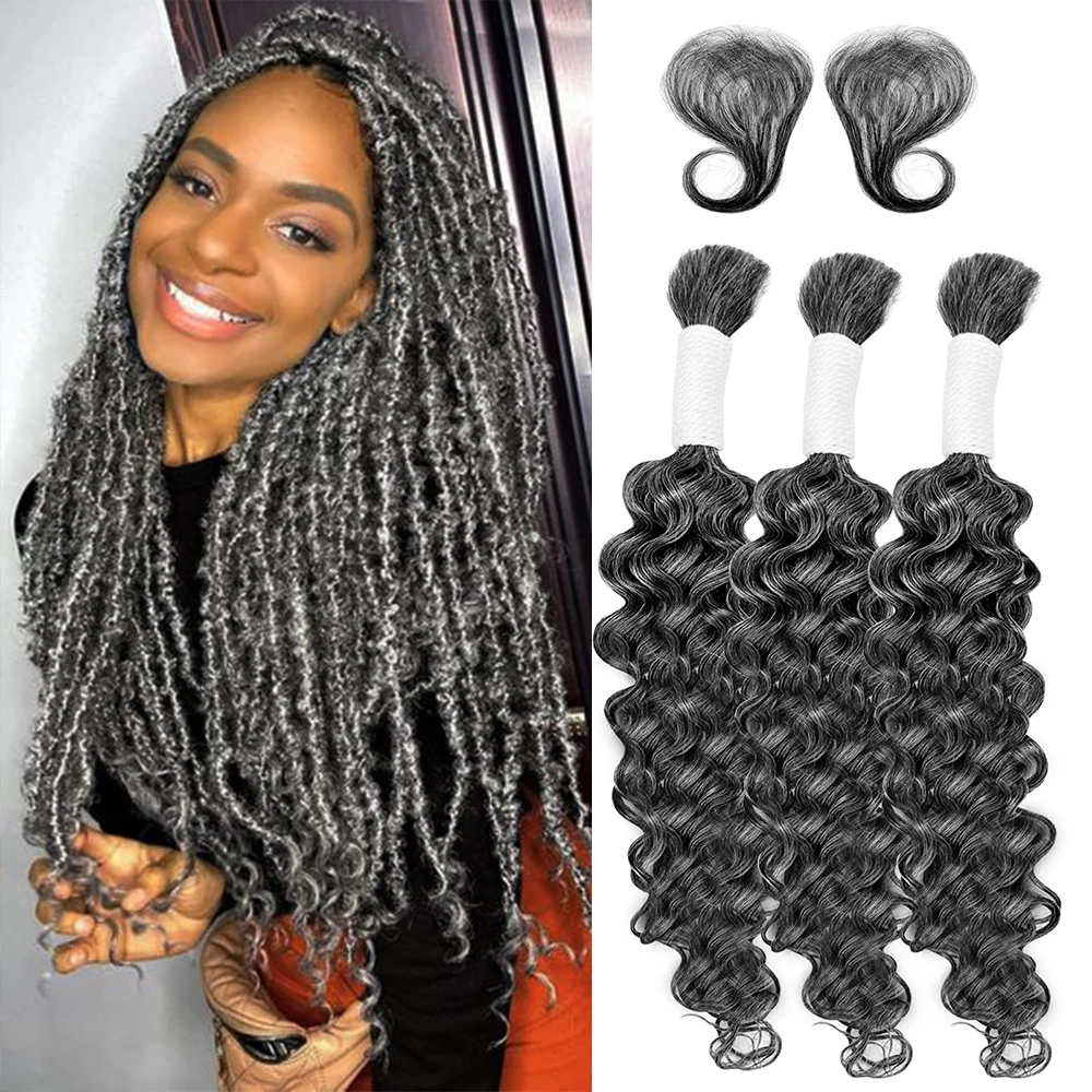 16A Curly 3 Bundles Deep Wave Braiding Human Hair Salt & Pepper Curly Bundles Braids Bohemian Hair Wig  20 20 20 Inch For Women