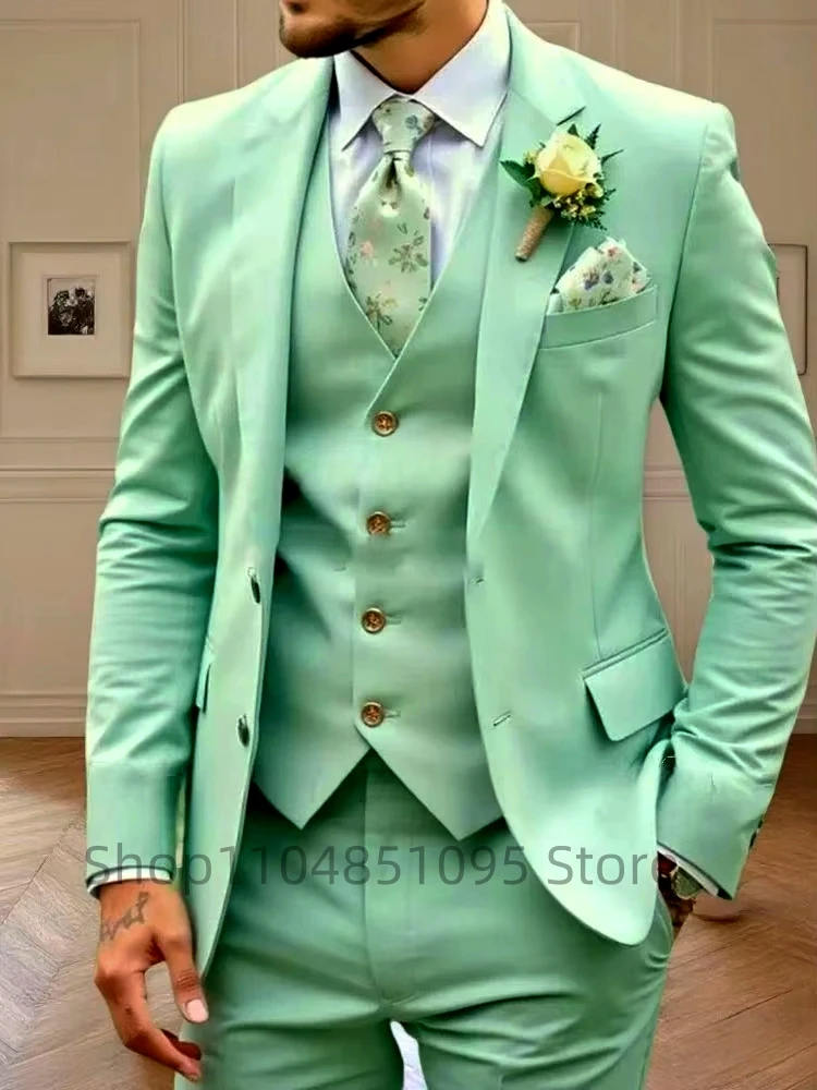 3 قطعة النعناع الأخضر الرجال سليم صالح الدعاوى الأعمال حفل زفاف البدلات الرسمية السترة سترة السراويل الشق التلبيب سترة رجل أنيق الملابس