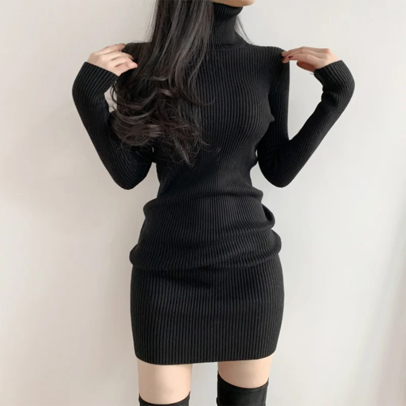 Women Autumn Winter Turtleneck Warm Bodycon Dress Long Sleeve Knit Solid Office Pullover Sexy Mini Dress for Ladies 2025