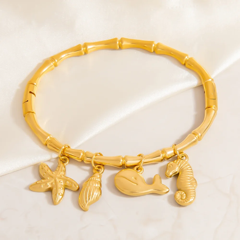 

Fashion 316L Stainless Steel Dolphin Conch Pendant Bamboo Bracelet for Women Metal Wrist Chain Bangle Waterproof Jewelry Gift