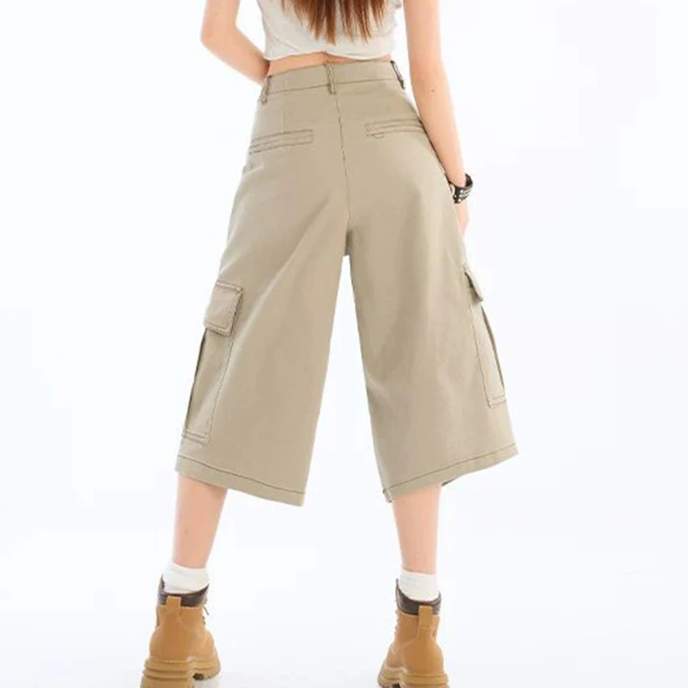 Khaki American versatile multi-pocket loose tooling shorts women's 2025 summer high-end wide-leg cropped pants