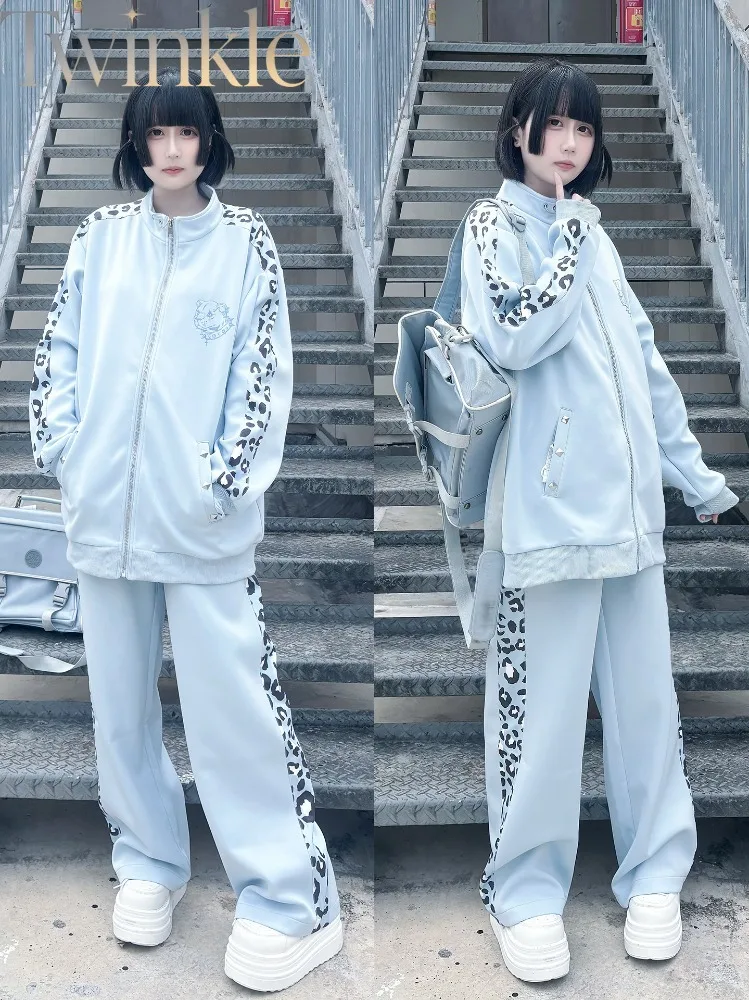 Y2K Leopard Print Tracksuit Set Women Pink Aqua Streetwear Jacket Pants Slimming Two Piece Outfit