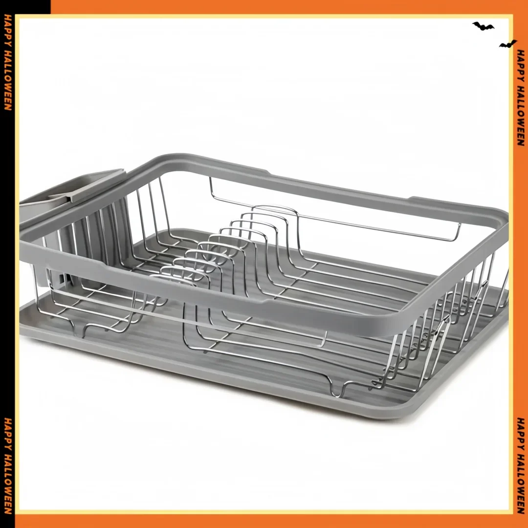 

Compact Dish Drainer with Utensil Holder, Grey Modern Sink Organizer for Small Kitchen, Countertop Drying Rack