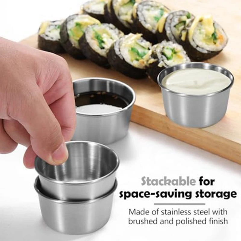 6Pcs 2 Oz Stainless Steel Dipping Sauce Cup, Mini Dip Bowls, Reusable Metal Condiment Cups Ramekins Containers