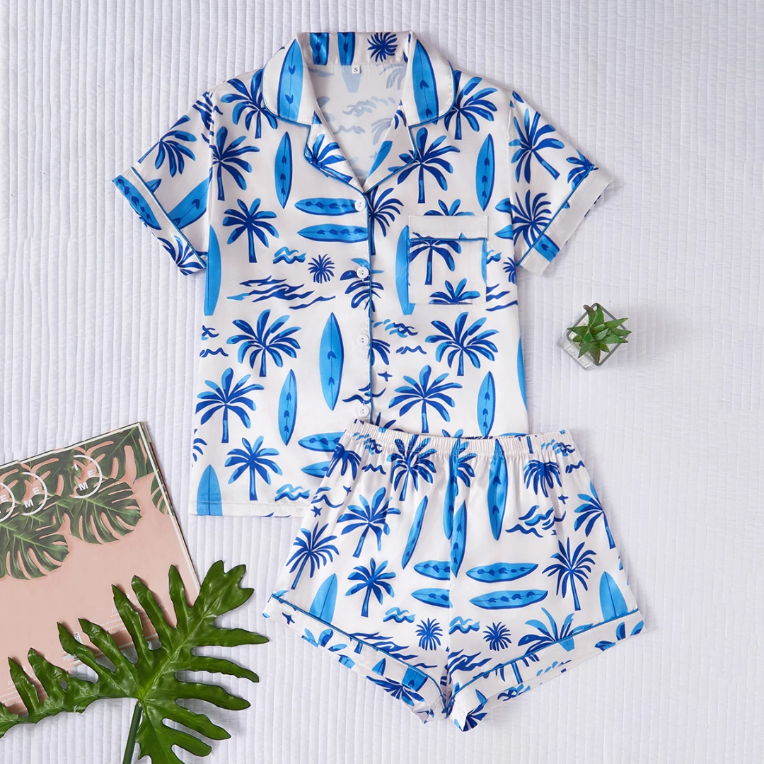 

White Women Pajama Set Valentine's Day Themed with Coconut Tree Seaside Print Lapel Shorts-sleeved and Shorts Pants Home Wear