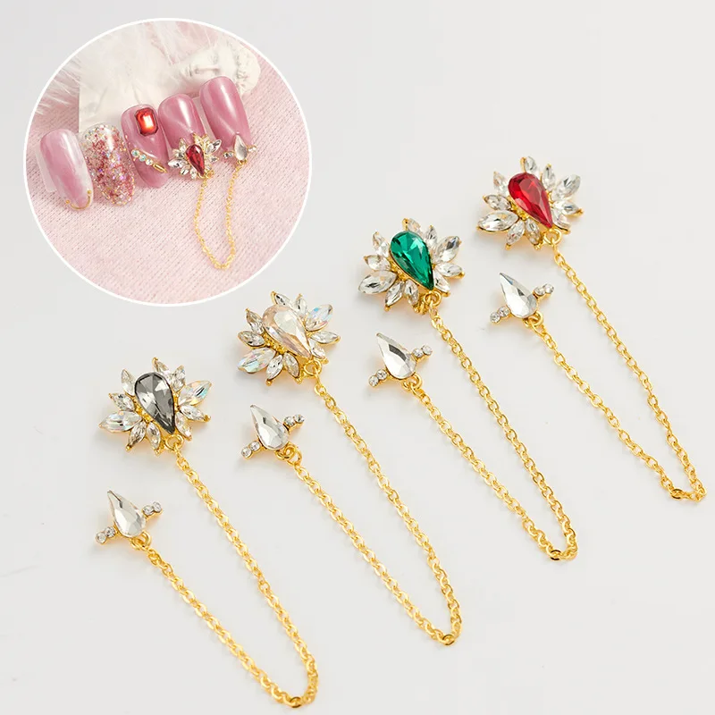 

10Pcs Nail Jewelry Zircon chain dangle deco/ nail piercing Culet Diamond crystal Nail supply gem stone glitter/ gold chain ,HRE