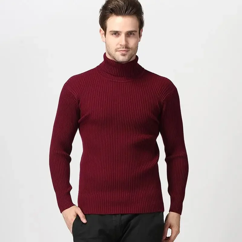 Suéteres de cuello alto para hombre, jerseys de punto delgados negros cálidos, suéteres casuales de Color sólido, prendas de punto de otoño, invierno, 10 colores