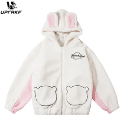 UPRAKF Cute Rabbit Warm Winter Long Sleeve Patchwork Outwear Chic Loose Zippers Pocket Coat Harajuku Fall Hoodie