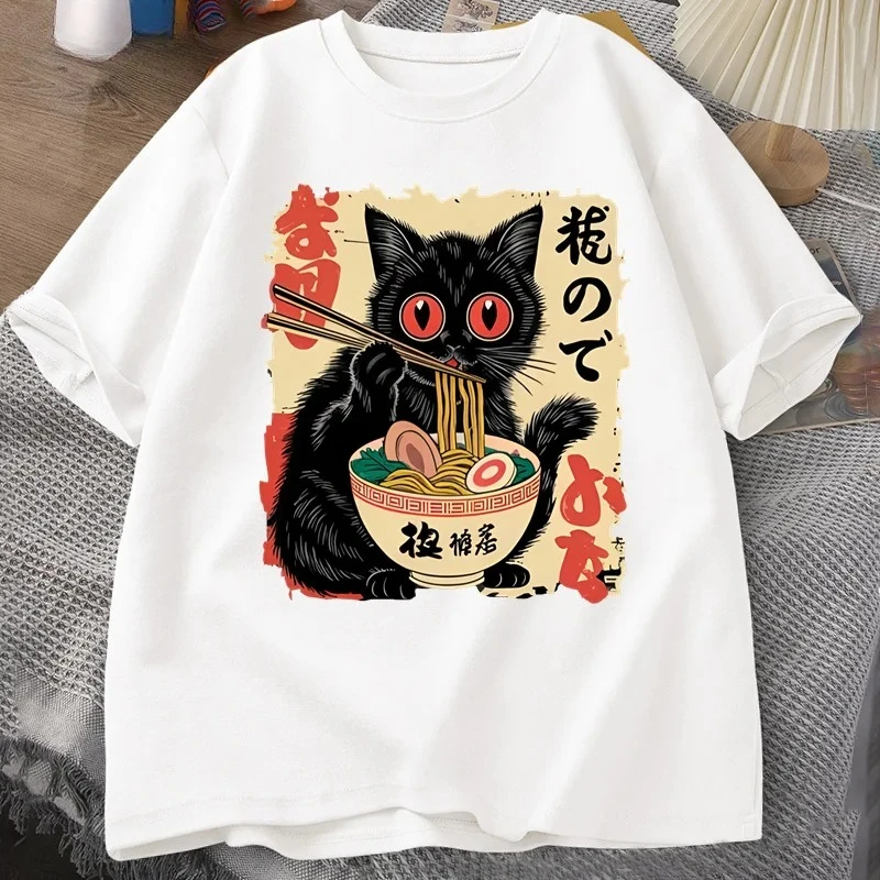 Vintage Japanese Black Cat Ramen T Shirts Cute Graphic Tee Funny Cat Eating Ramen T-Shirt Printing Short Sleeve Vintage
