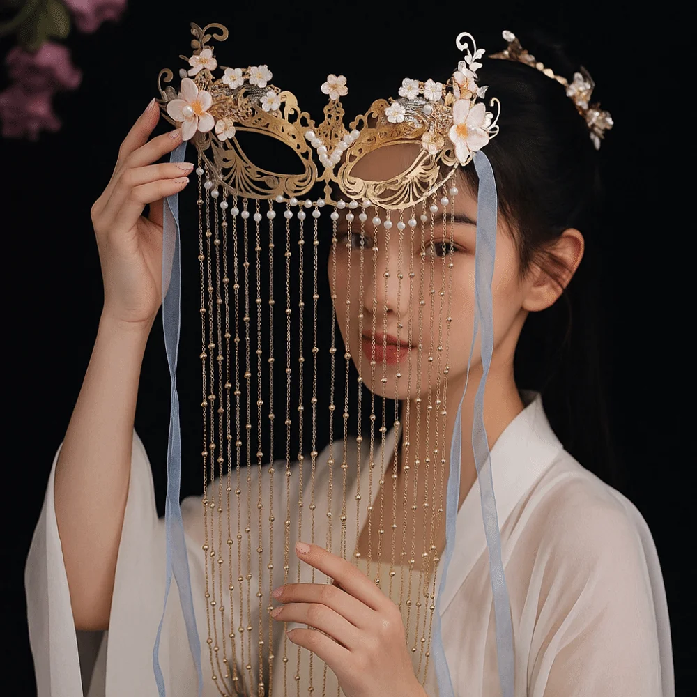 

Retro Pearls Anonymous Face Cover Flower Chain Wedding Mask Alloy Tassel Women Mysterious Veil Cosplay Accessories