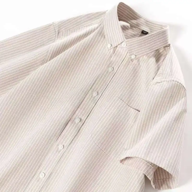 

2026 Summer Men's Short Sleeve Shirt Casual Stripe Pattern Solid Simple Collar Versatile Basic White Male Fashion Clothing 5XL
