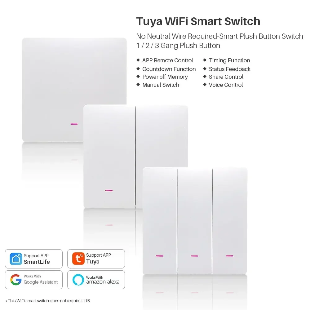 Tuya Smart Wifi Switch 220V No Neutral Wire Required 1/2/3 Gang Wall Light Button Switch Support Smart Lfie Alexa Google Home