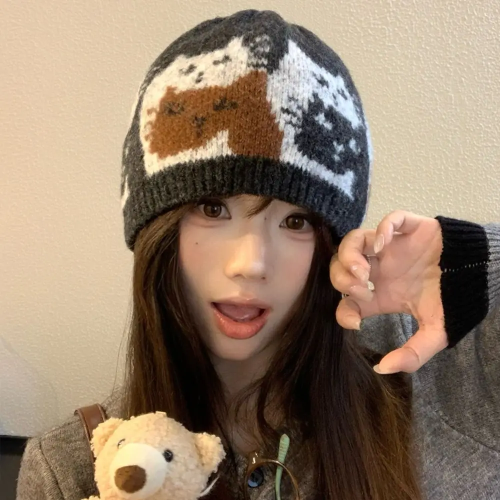 الدافئة الجاكار القط محبوك قبعة مطبوعة معرض جزيرة نمط الجاكار نمط بيني لطيف الكورية الطباعة متماسكة قبعة الملابس والاكسسوارات #5