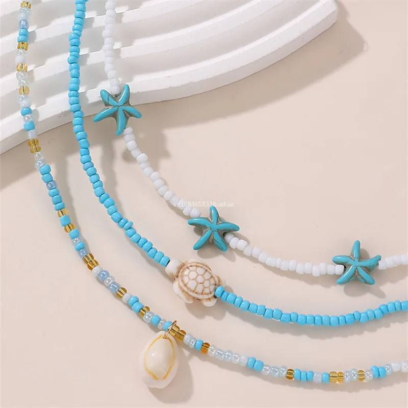 Bohemian Multilayer Rice Bead Chain Clavicle Necklace Vintage Acrylic Turtle Starfish Shell Pendant Choker Women Beach Jewelry image 3