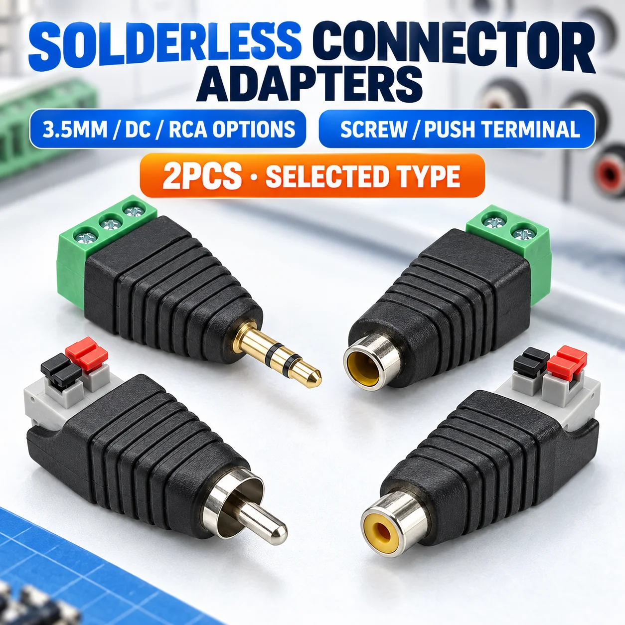 2PCS Solderless 3.5mm Stereo DC RCA Male Female Connector Screw Push Terminal Block Adapter for CCTV Speaker DIY AV Cable