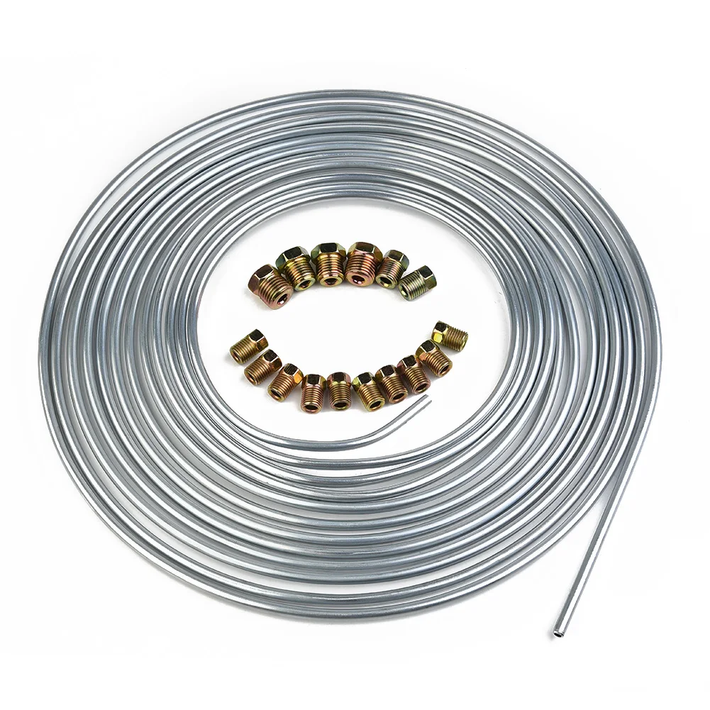 

25 Ft 3/16 Brake Line Kit Steel Tube Roll Silver Flexible With 16*Fittings Pipe Nut 3/16 (9/ 16-18 I) X 2, (3 / 8-24 I) X 10