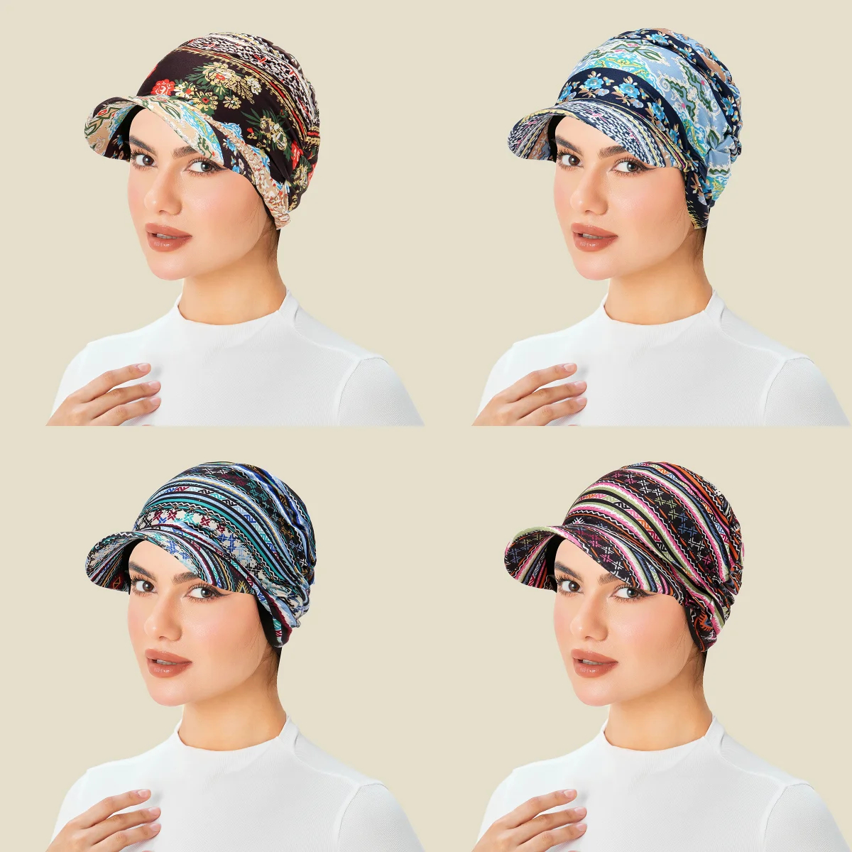 

Bohemian Print Wide Brim Headwraps Hat for Women Muslim Turban Cap Pullover Bonnet Travel Beanies Sun Hat Hair Loss
